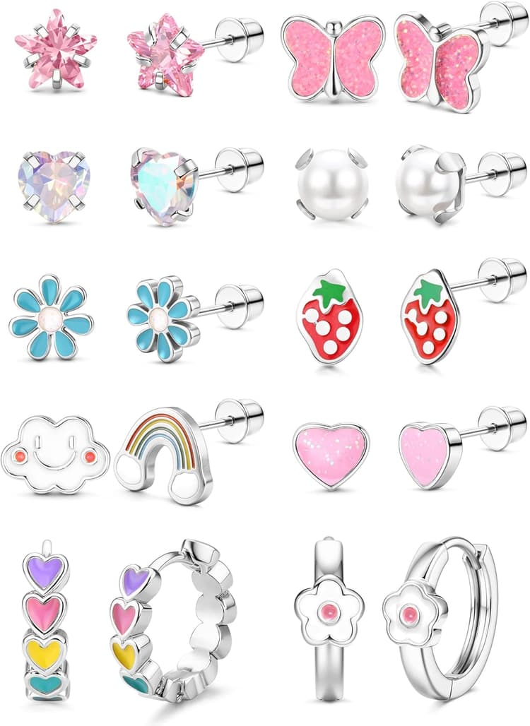 Adramata 10 Paires Boucles d'Oreilles Fille Femme Acier Inoxydable Hypoallergéniques Boucles Oreille Ensemble Rose Multicolore CZ Fleur Coeur Papillon Vis dos Boucle Doreille Enfant Fille