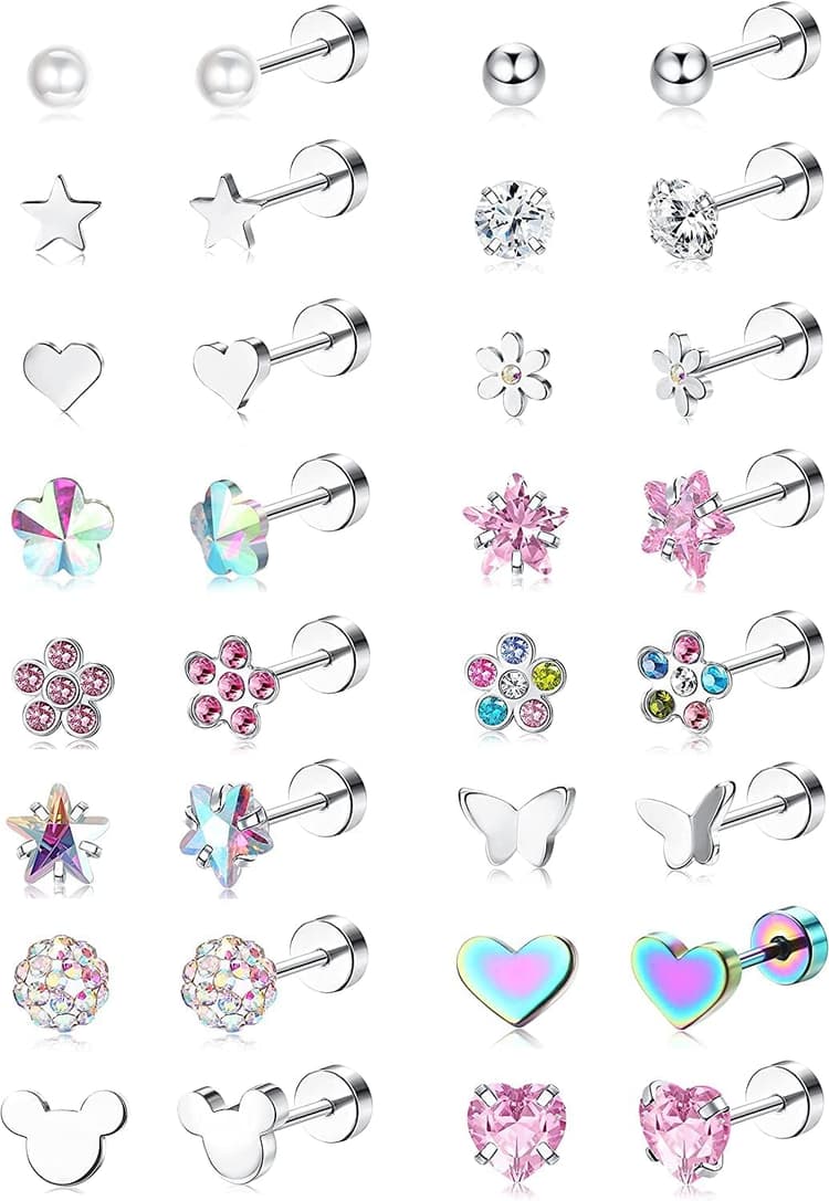 Diamday 16 Paires Boucles d'Oreilles à Vis pour Filles Femmes Acier Inoxydable Petit Cartilage Boucles d'Oreilles CZ Cœur Fleur Étoile Vis Dos Plat Boucles d'Oreilles Tragus Helix Bijoux Multicolore