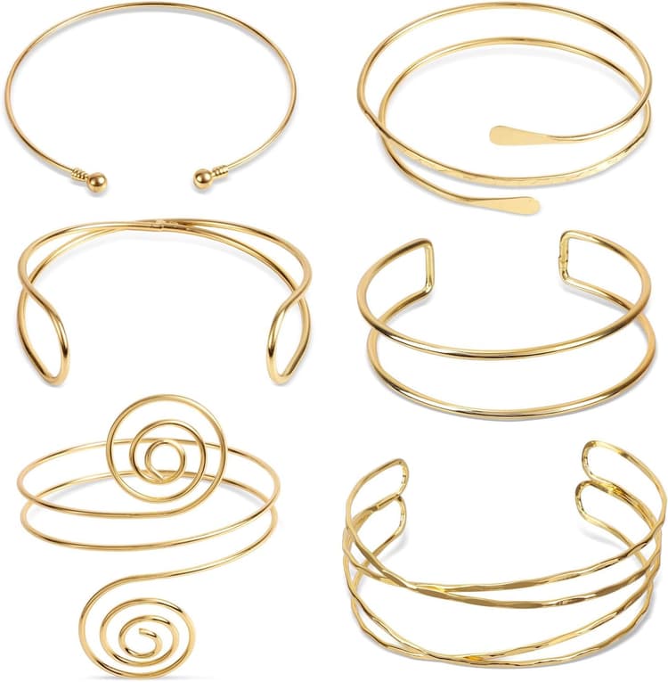 Lot de 6 Bracelets Manchettes Dorés pour Femme, Manchettes Ouverts Réglables Bracelets Joncs Simples à Spirale Accessoires Personnalisés pour Femme Bijoux Cadeaux