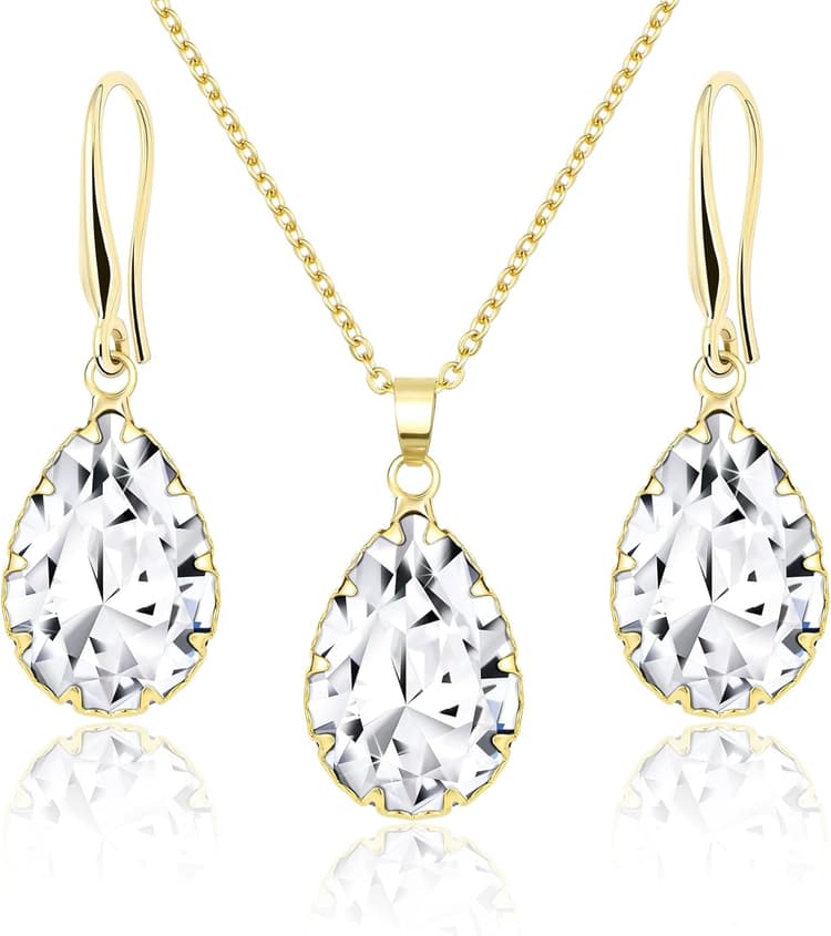 Linawe Crystal Jewelry Sets for Women, Imitation Diamond Pendant Necklace, Rhinestone Drop Dangle Earrings, Birthstone Cubic Zirconia Matching Wedding Jewelry, 14K Gold/Rose Gold/Silver Tones