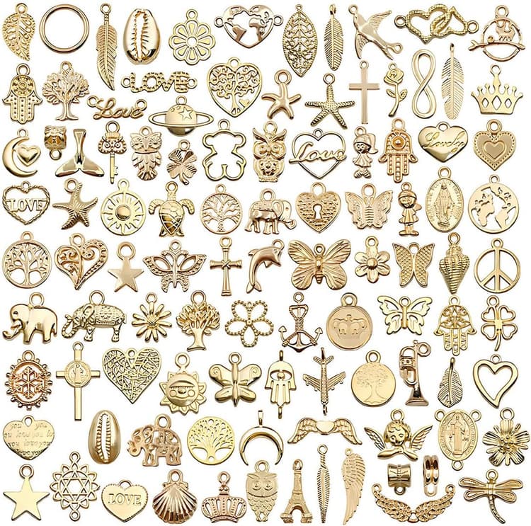 100 Pièces Breloques Pendentifs pour Bijoux DIY, Charms Vintage Aesthetic pour Colliers Bracelets Boucles d'Oreilles (doré)