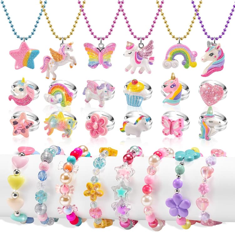 Parure de bijoux pour filles de 3 ans, bagues pour enfants de 3 ans, bijoux fantaisie de princesse, bagues licorne, cadeaux d'anniversaire pour filles de 3 à 4 à 5 ans