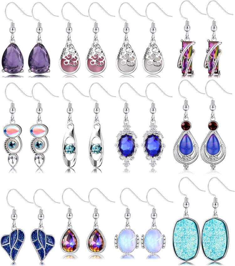 Adramata 12 Pairs Boucles d'oreilles Femme CZ Pendantes Boucles d'Oreilles Acier Inoxydable Pendantes en Pierre de Lune Vintage Boucle d'Oreille Crochet Boho Fantaisie Boucles d'Oreilles Cadeau Femme