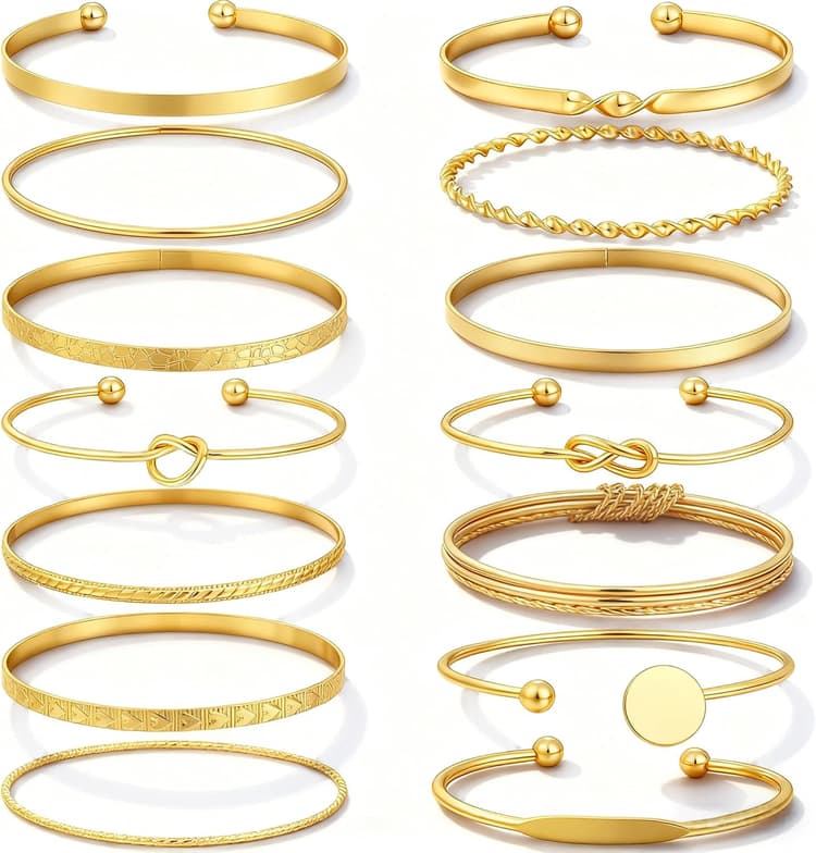 FAXHION Gold Bangle Bracelets for Women, 14 Pcs Multi Layer Stackable Bangle Set, 14K Gold Plated Textured Chunky Bracelets Boho Jewelrys Set