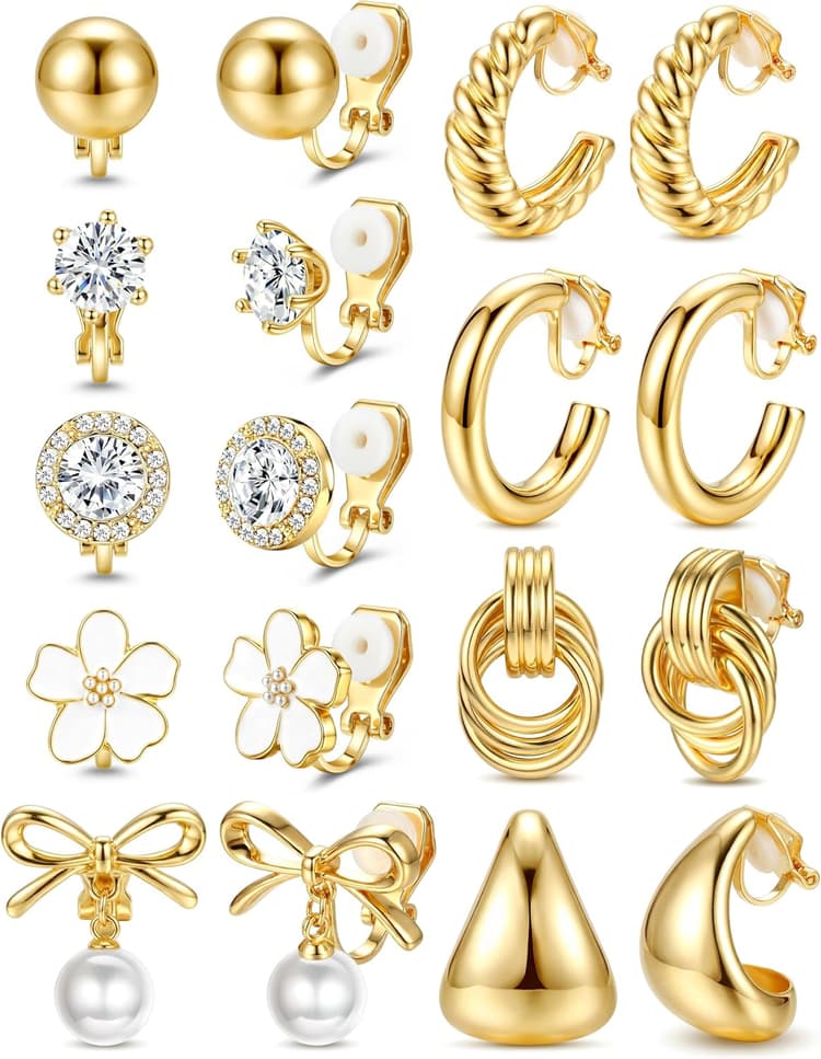 LOLIAS Clip On Earrings for Women 14K Gold Plated Clip Earrings Non Pierced Ears Clips CZ Pearl Knot Twist Chunky Hoop and Studs Earring Set Hypoallergenic Fake Earings Jewelry