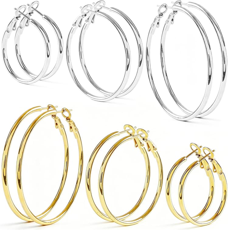 6 Pairs Silver Gold Hoop Earrings for Women - 14K Gold Plated 316 Stainless Steel, Hypoallergenic Lightweight 20/30/40/50/60/70mm Hoops Set