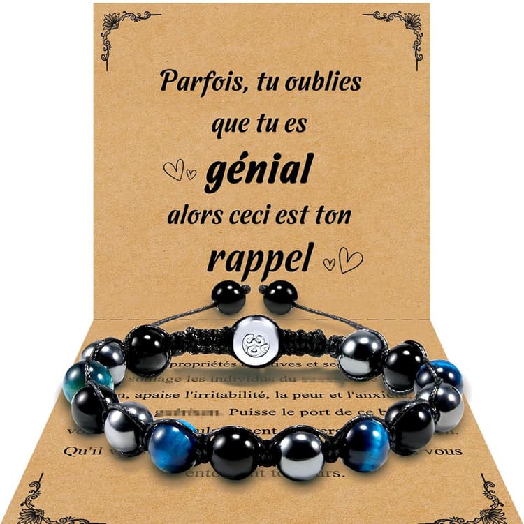 VGWON Cadeau Homme, Bracelet Pierre Naturelle Homme, Hématite, Oeil de Tigre, Obsidienne, Cadeau pour Papa Beau Père Futur Papa Papy Grand Père Fils Frère Mari Copain Couple