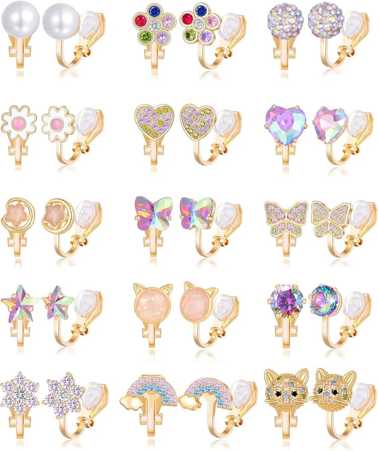 Tornito 10-15 Pairs Clip on Stud Earrings Non Pierced Teardrop Round Square CZ Pearl Twist Knot Flower Butterfly Heart Star Rainbow Cat Opal Clip on Earrings for Women