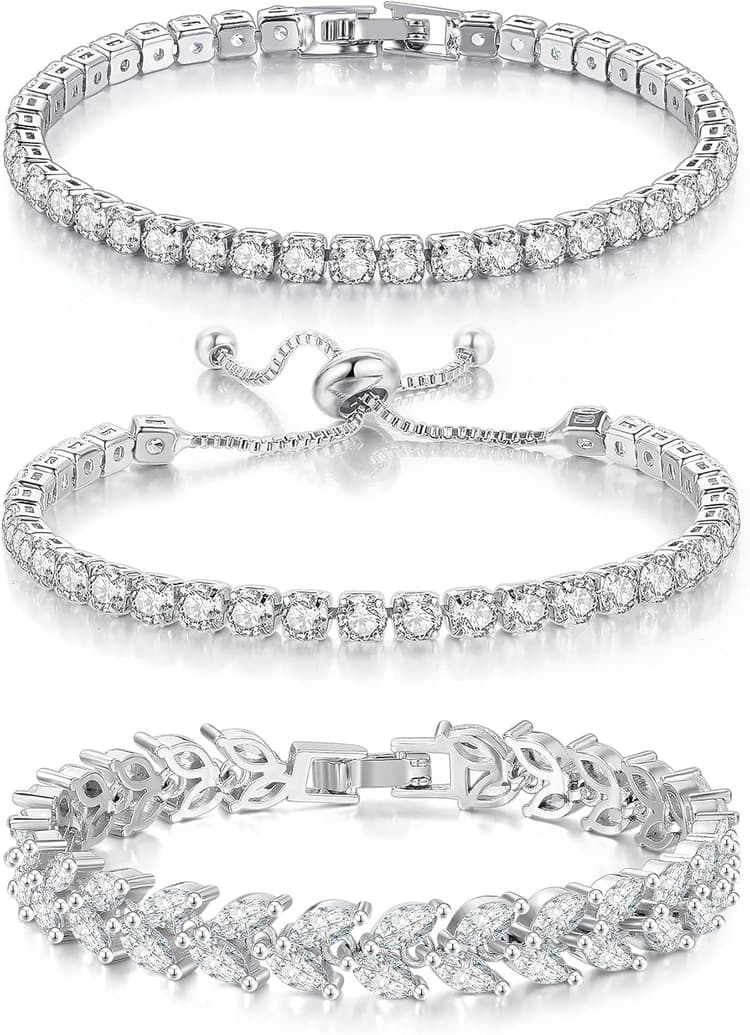 3 Pcs Tennis Bracelet Set 14K Gold Plated Marquise Cubic Zirconia CZ Diamond Dainty Adjustable Silver Bracelets for Women Brides Stackable Fashion Jewelry Wedding Prom Gift