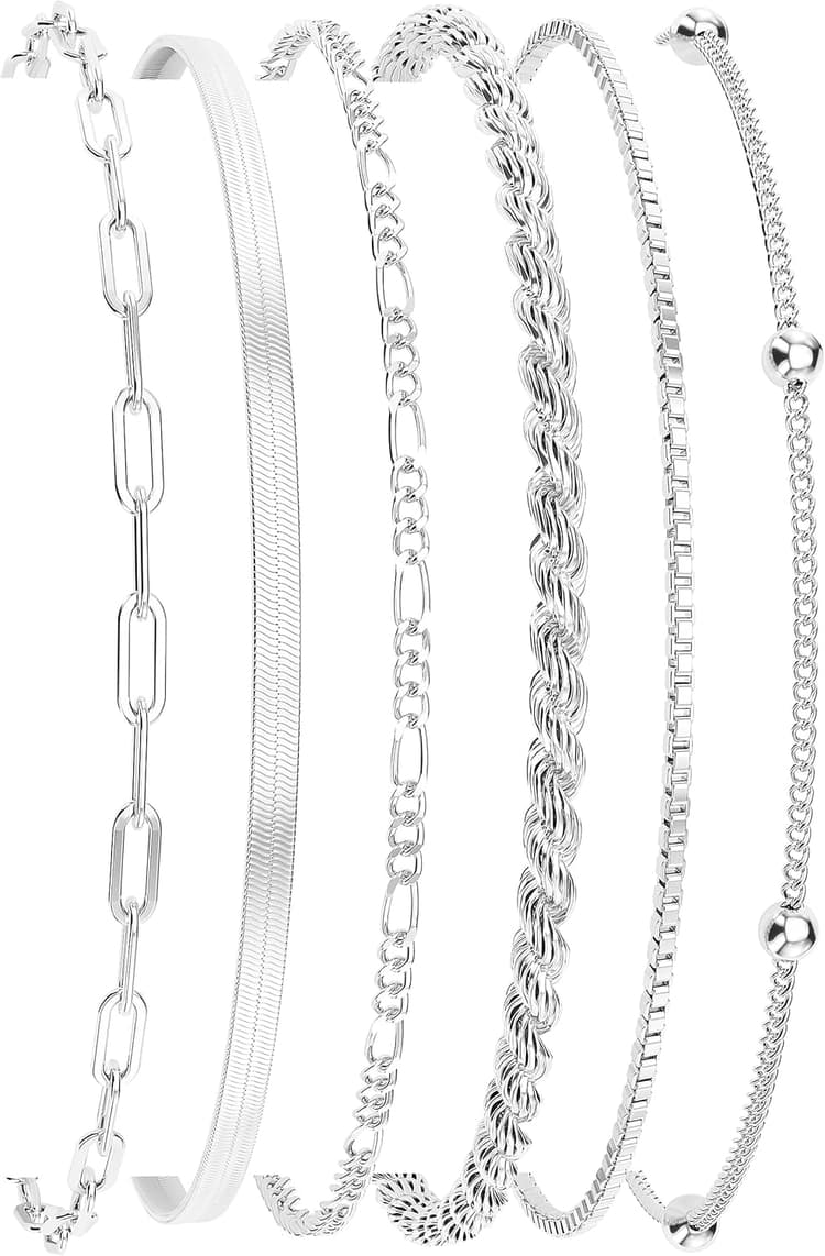 DEARMAY Dainty Silver Plated Bracelets for Women Trendy, Silver Jewelry Set for Women Bracelets for Women Paperclip Box Herringbone Figaro Rope Chain Bracelet Fashion Pack Gifts for Women