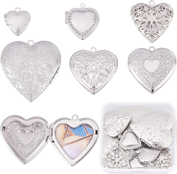 SUNNYCLUE 1 Box 12Pcs 6 Style Stainless Steel Photo Frame Charm Diffuser Locket Pendants Silver Heart Locket Photo Frame pendants for Jewelry Making Charms Bracelet Necklace Earring DIY Craft Supplies