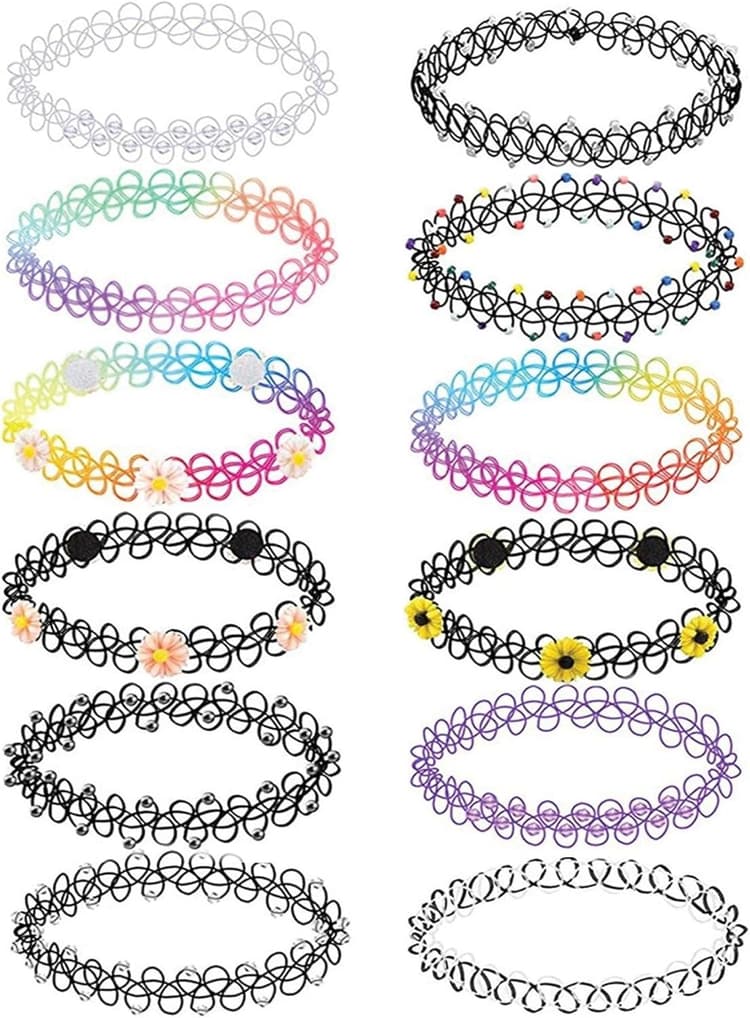 BodyJ4You 12PC Tattoo Choker Necklace for Women - 90s Choker Necklaces Y2K Fashion Trendy Vintage - Emo Black Choker Rainbow Pink White Purple Neon Green Blue Daisy Flower