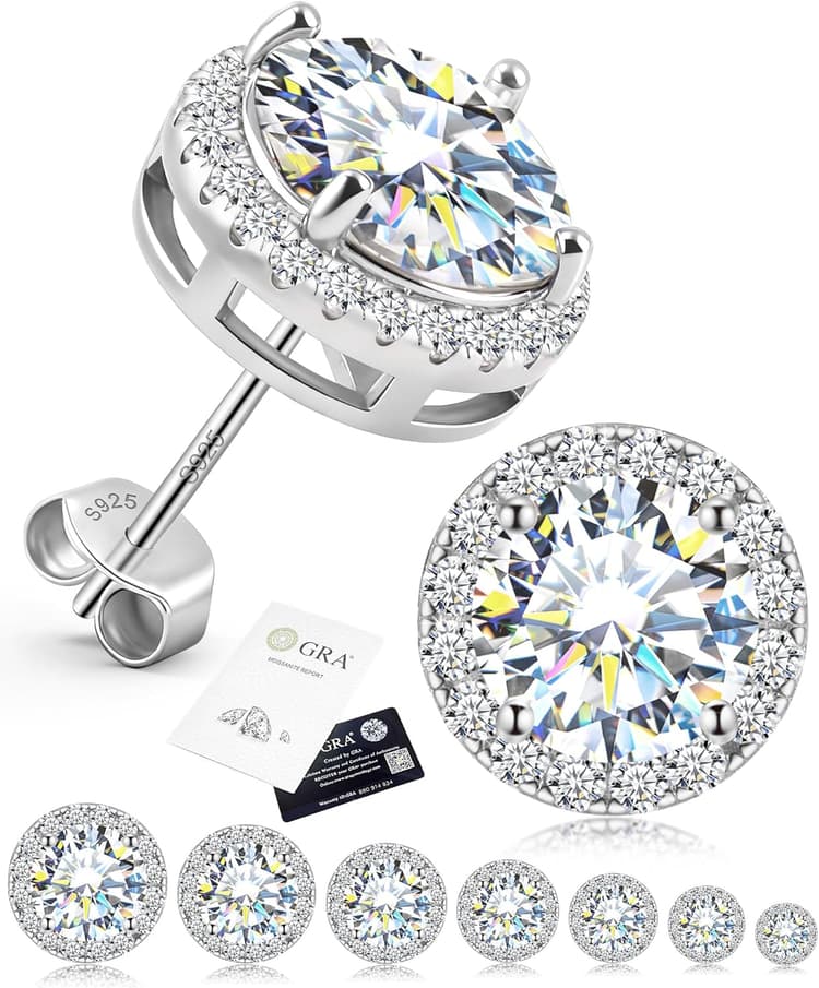 Moissanite Earrings for Men, Solid S925 Sterling Silver and 18K Golden Plated Halo Stud Earrings for Women Valentine's Day Mother's Day - D Color VVS1 Hypoallergenic Dainty Moissanite Jewelry for Sensitive Ear, 0.2CT-10CT, 3-11mm