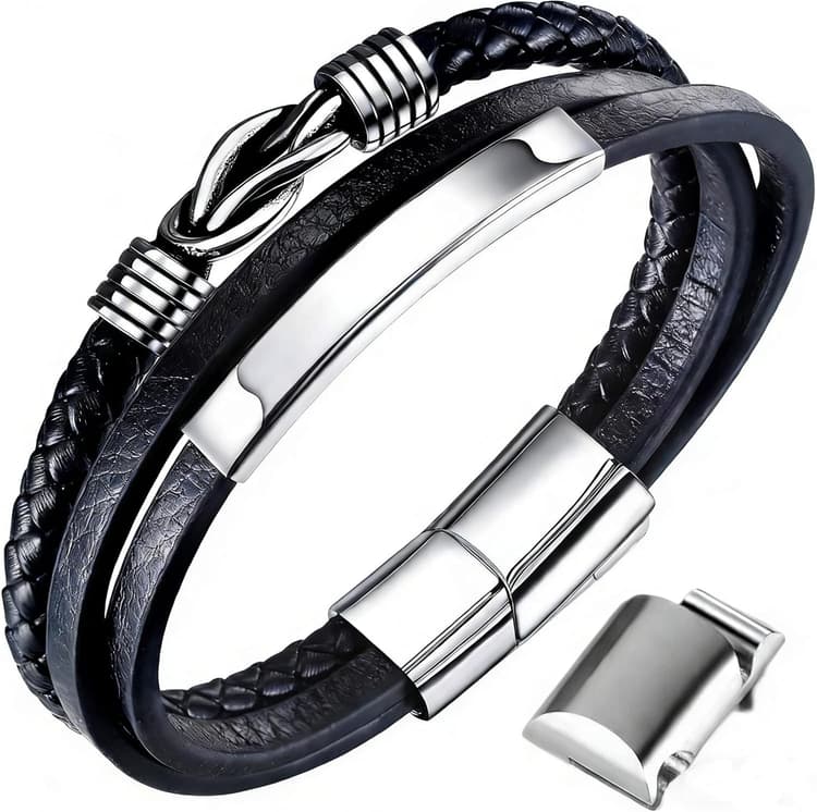 Bracelet en cuir noir pour homme - Bracelet large tressé en cuir véritable avec fermeture magnétique (bracelet en cuir avec maillons supplémentaires)