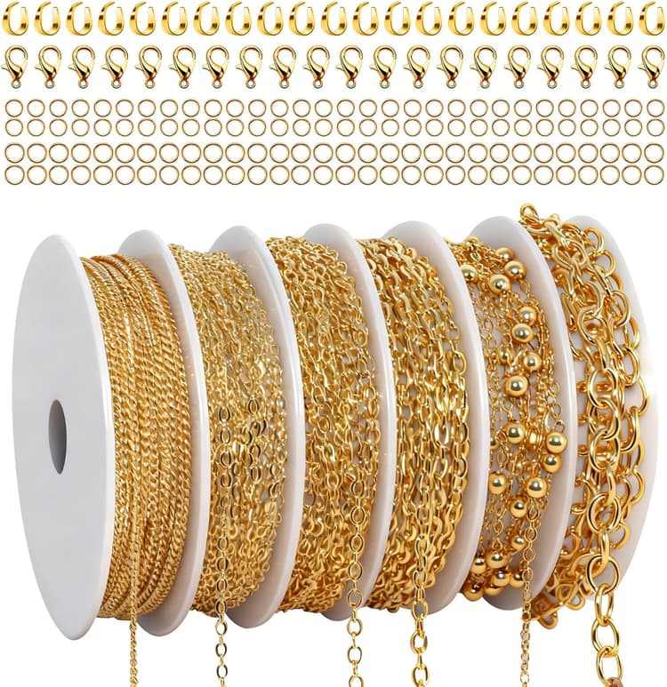 14 m 6 Rouleau Chaine Acier Inoxydable, Chaînes Bijoux avec Fermoirs à Homard, Anneaux Saut et Bague en U Kit Fabrication Bijoux pour Collier DIY, Bracelet, Breloques, Artisanat Décoration