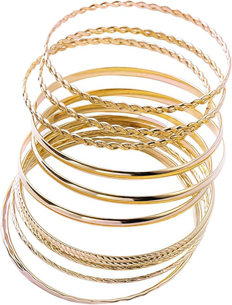 12 Pièces Bracelet Femme，Métal Bijoux Femme Multicouche Empilable Rétro Bracelet Bohême Jonc Bracelets Parure Bijoux Mariage Texture Simple，pour Femmes Mariage et Fête