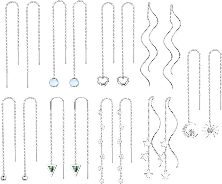 MILACOLATO 9 Paires Boucle d Oreille Acier Innoxydable pour Femme Boucles Oreilles Pendantes Pierre de Lune à Cœur d’étoile à longue Filetage CZ Threader Boucle d'oreille Pendante de Chaîne Argent