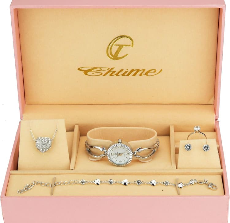 Coffret cadeau Montre Femme - Parure de Bijoux- Collier-Bague- Boucles d'oreilles - Bracelet