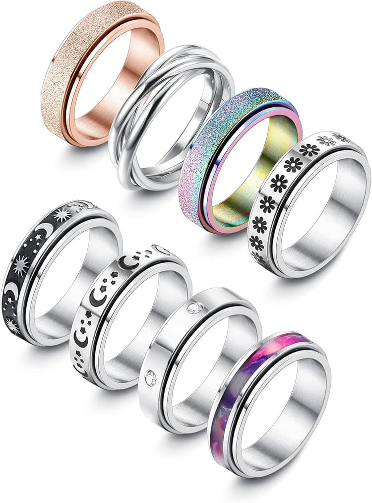 Adramata 8Pcs Anti Stress Bague pour Femme Homme 316L Acier Inoxydable Bagues pour Anxiété Bagues Bande Ensemble Fidget Bague Spinner pour Anti Stress