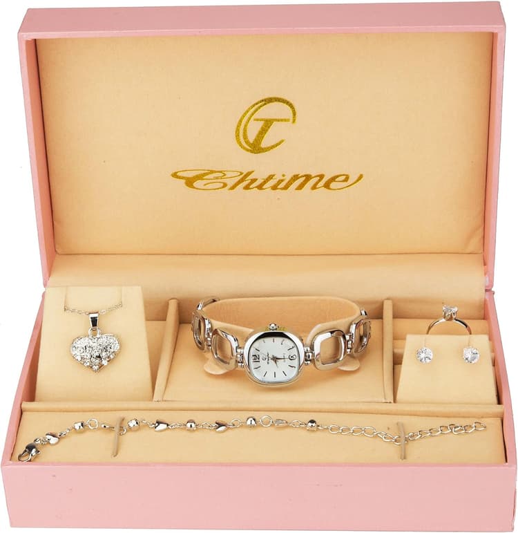 Coffret cadeau Montre Femme - Parure de Bijoux- Collier-Bague- Boucles d'oreilles - Bracelet