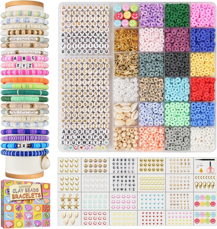Lynnmos Perles pour bracelet, Kit 6000+ pièces, Perles heishi plates 6mm, 1 boîte lettres DIY, Création bijoux bracelets colliers - Cadeau filles, Bracelet de l'amitié
