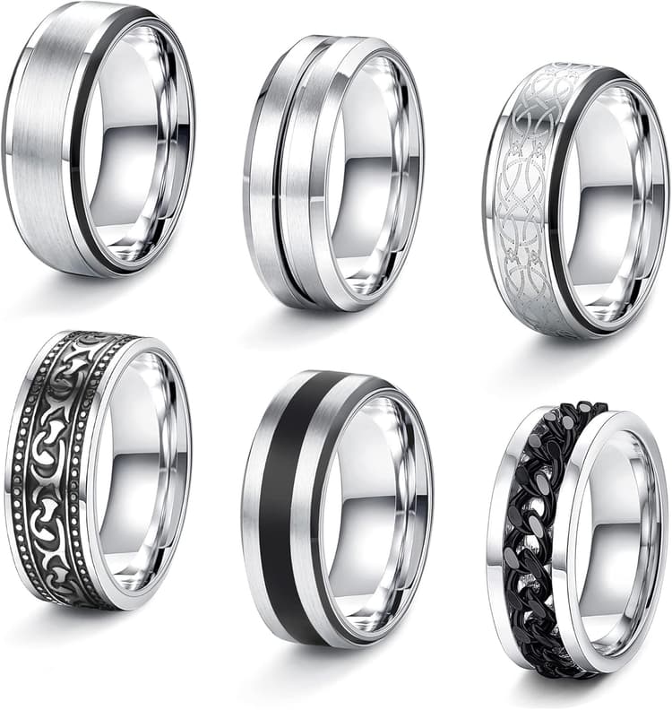 JeweBella 6 PCS Bague Hommes Acier Inoxydable Bague Noir Tournante Chaîne Rock Bague Noeud Celtique Vintage Bague Biker Ensemble de Bagues Gothique Mat Poli Mariage Promise Bande Anneau Taille 54-70