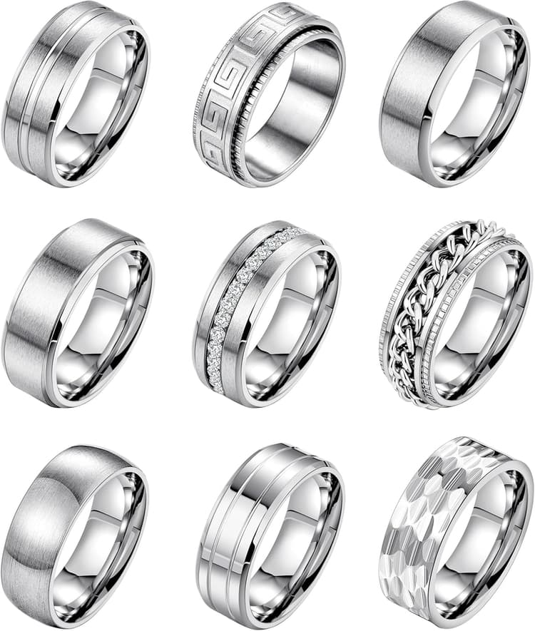 9Pcs 8MM Stainless Steel Band Rings for Men Women Chain Rings Simple Brushed Wedding Engagement Rings Set 7-13