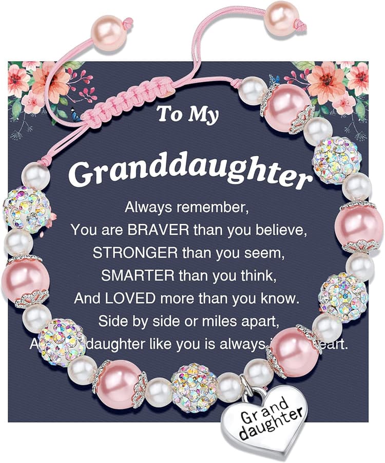 UNGENT THEM Pink Pearl and Rhinestone Bracelet for Granddaughter Daughter Niece Big Sister Birthday Christmas Easter Gifts
