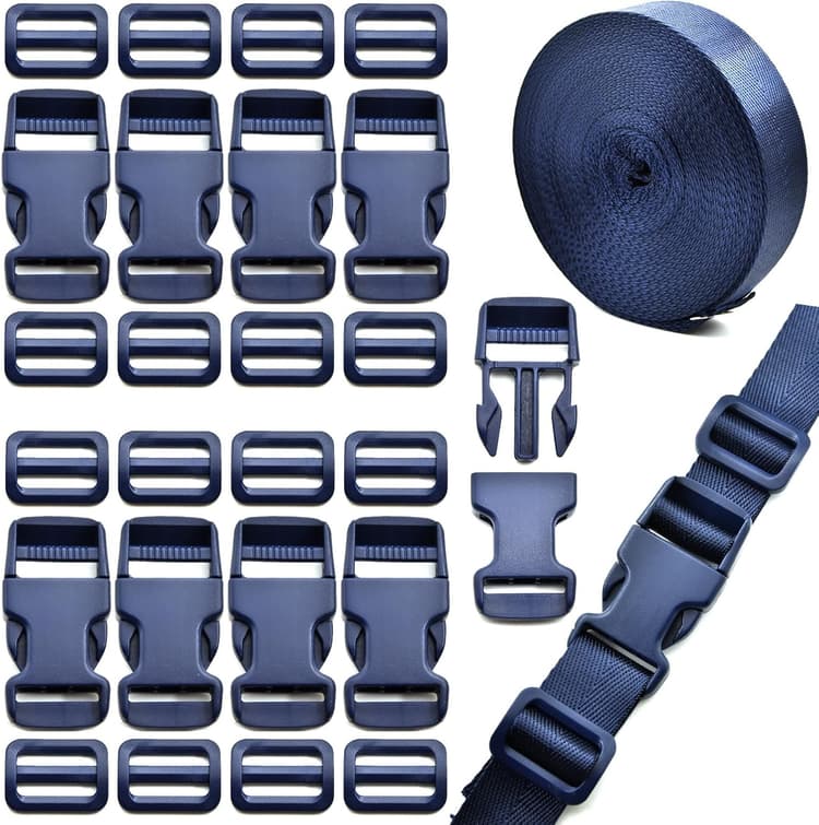 10M Sangle Nylon 25 mm avec 10Pcs Boucles en Plastiques, 20Pcs Boucle Plastique Clip Fermoir pour Sangle, pour Sac à Dos, DIY Artisanat, Tente, Sac à Dos Enfant, Collier de Chien