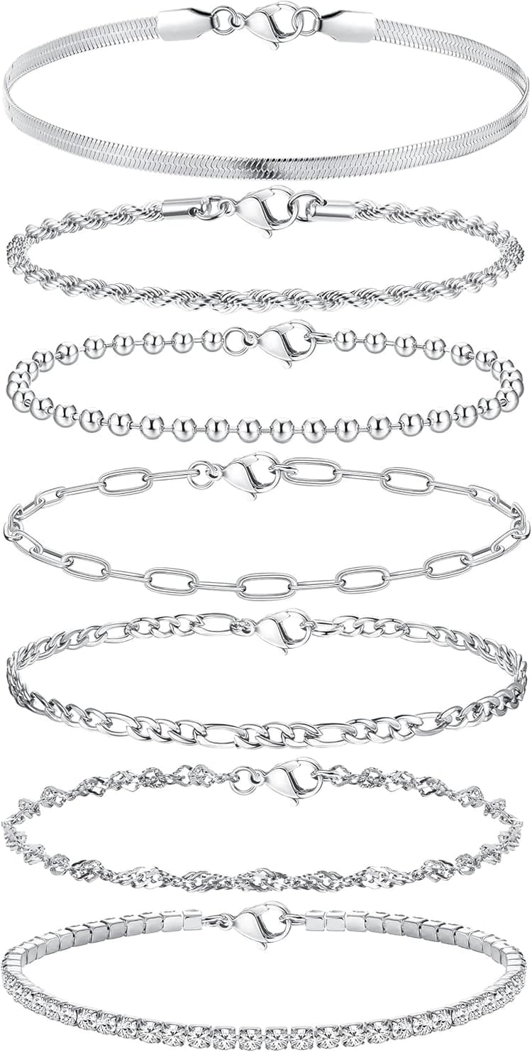 Adramata 7 Pcs Chaîne Bracelets pour Femme Bracelet Acier Inoxydable Femme Twist Figaro Zag Chaîne Bracelets Réglable CZ Fantaisie Bracelets Ensemble Argent Or Bracelets pour Femmes Filles
