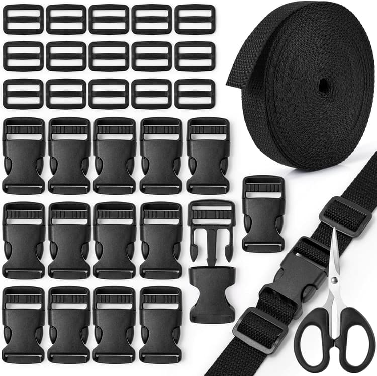 10M Sangle Nylon 20mm 25mm 32mm avec 15 Boucle Plastique Clip et 15 Tri-Glide Curseur Plastique,Boucle Plastique Clip Fermoir pour Sangle, Clips de Boucles Réglables pour Sac à Dos Bagages