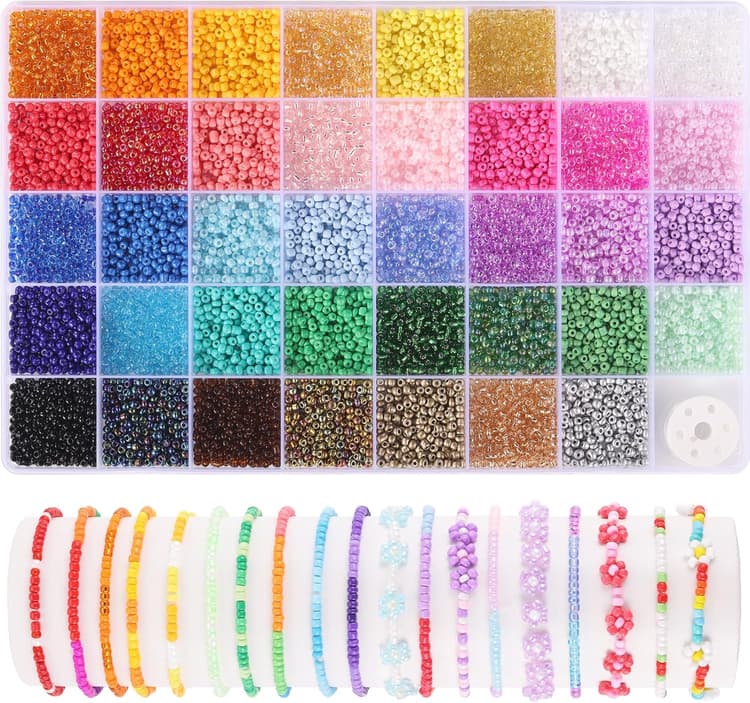Funtopia 9600 Pièces 39 Couleurs Perles de Rocaille 3mm, 5 Types de Perles pour Enfiler des Bracelets, Perle pour Bracelet Adulte, Kit de Perle Bijoux pour Collier Boucles la Décoration de Bricolage