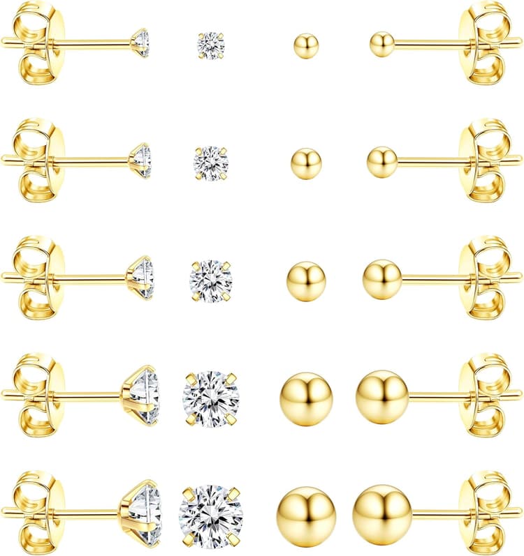 Dochais 10 Paires Boucle d'Oreille Or Petite Boucle 14K d'Oreille Boucles d'Oreilles Femme Acier Chirurgical 316L Petites Boucles d'Oreilles Hypoallergéniques pour Femmes Fille Hommes 2/3/4/5/6 MM