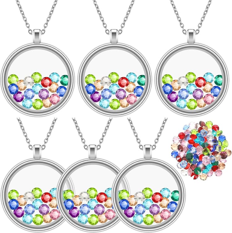 Highergo 6 Pcs Locket Necklace DIY Floating Round Locket Pendant Floating Memory Necklace for Women Friendship Memory Nostalgic