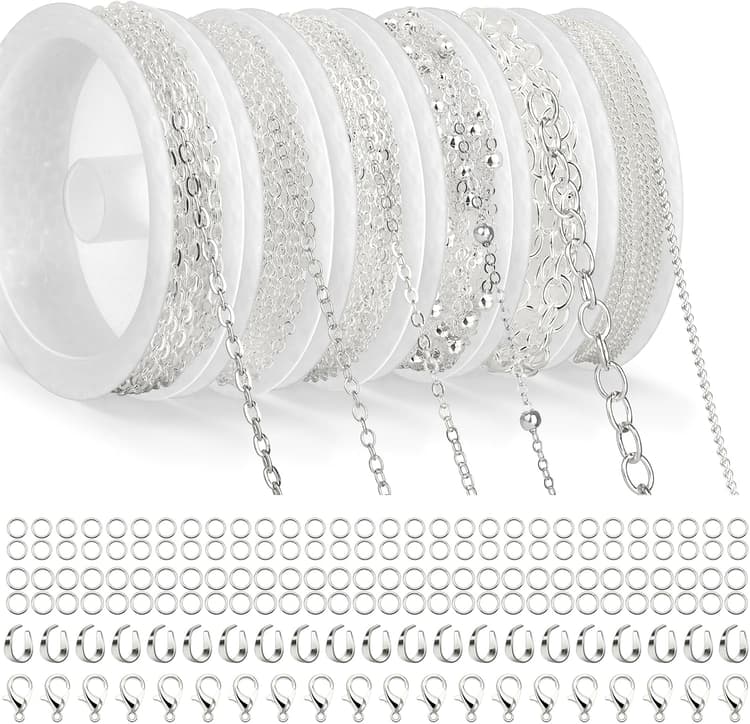 14m 6 Rouleau Chaînes Collier, Chaînes pour Bijoux Argent Avec Fermoirs à Homard, Anneaux Saut et Bague en U Kit Fabrication Bijoux pour Collier DIY, Bracelet, Breloques, Artisanat Décoration