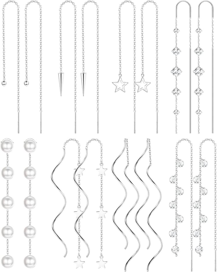 HAIAISO 8 Pairs Threader Dangle Earrings for Women 316L Stainless Steel Chain Tassel Earring Lightweight Double Twist Wave Threader Drop Earring Long Chain Earrings Set
