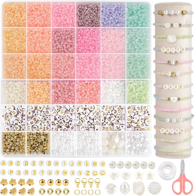 RUBY Lot de perles pour bracelets, perles en verre crème de 3 mm à enfiler soi-même pour bracelet, fabrication de bijoux, kit de breloques, cadeaux pour adultes, fêtes, anniversaires, etc
