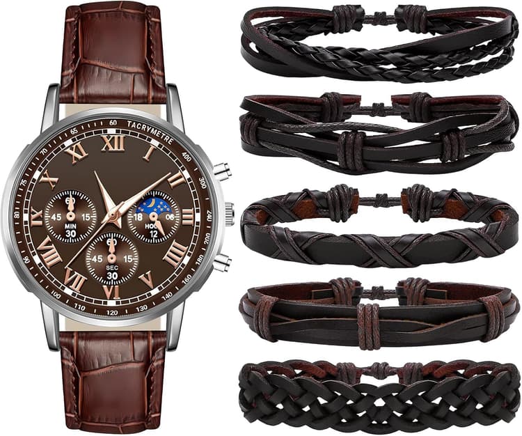 NEWITIN 6 Pieces Men Watch Bracelets Set Big Face Watch Braided Leather Bracelets Waterproof Wristwatch Leather Jewelry for Men