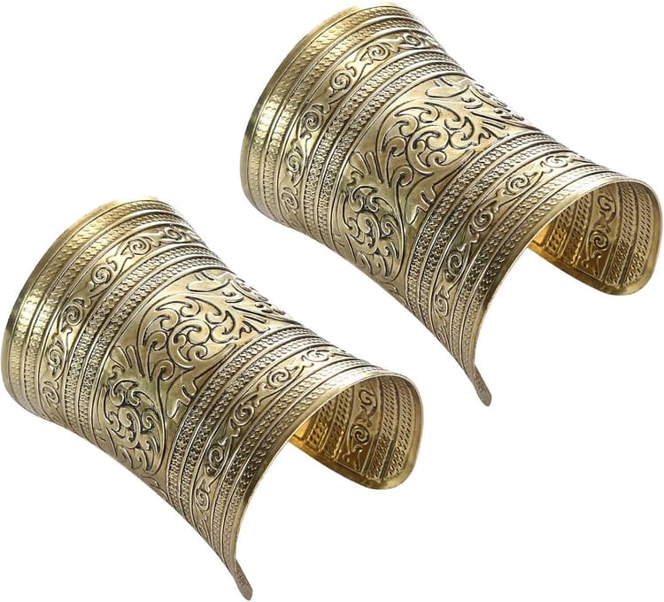 SONNYX 2 PCS Cuff Bracelets for Women Vintage Ethnic Wide Open Chunky Gold Silver Wrist Cuff Warp Bracelets for Cosplay or Belly Dance