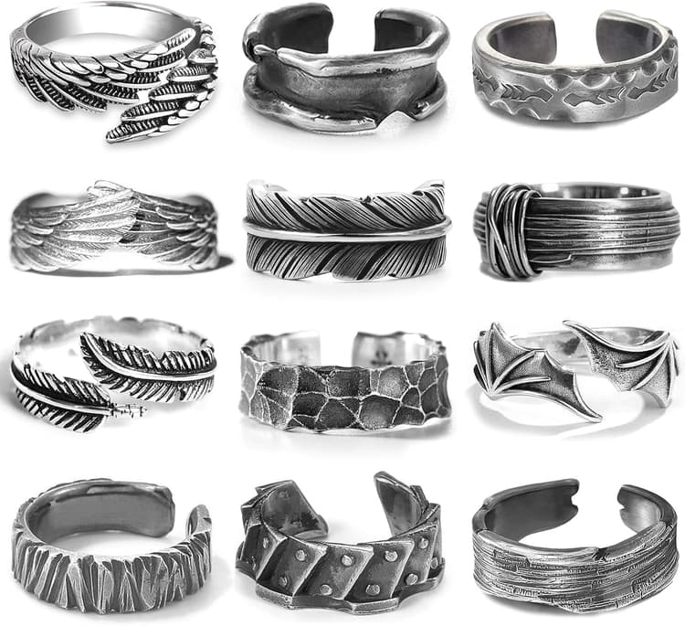 RIOSO 12Pcs Vintage Rings for Men Cool Adjustable Angel Wings Ring Goth Punk Open Ring Set
