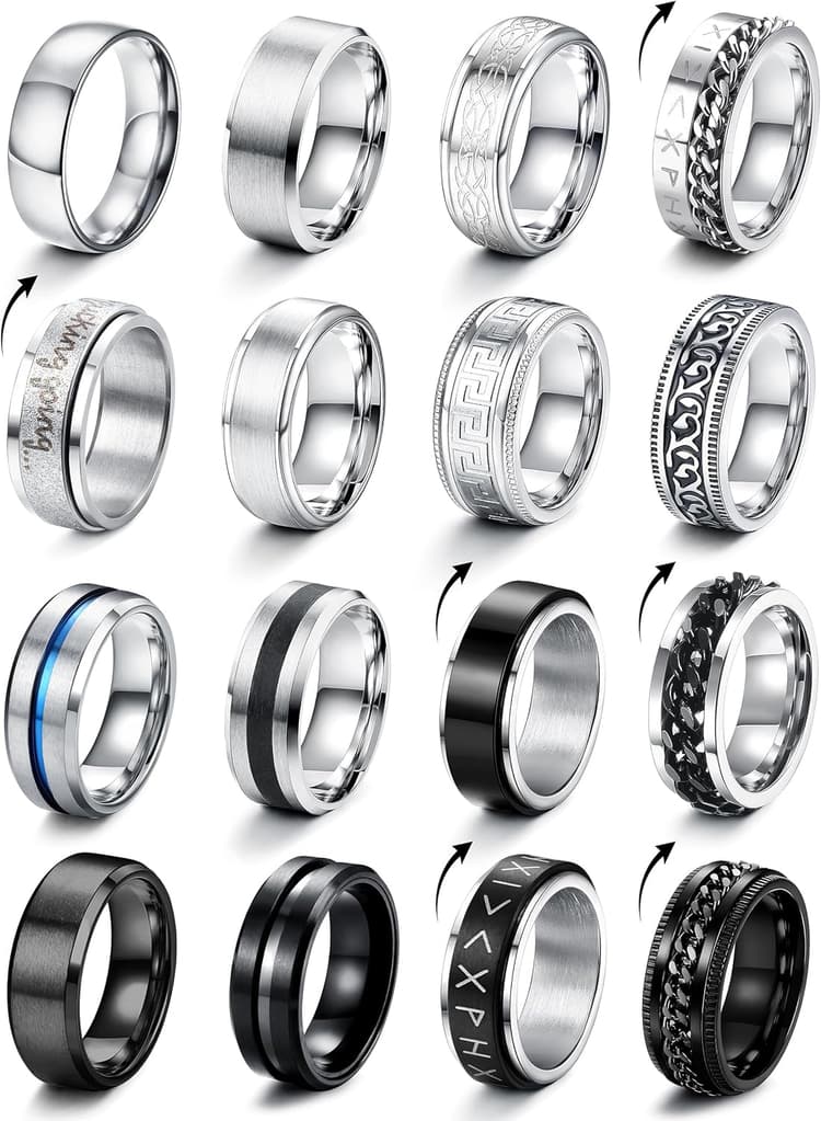 CASSIECA 16 Pcs Bague Homme Acier Inoxydable Bague Argent Mat Noeud Celtique Biker Bague Noir Chaîne Bague Band Promise Ring
