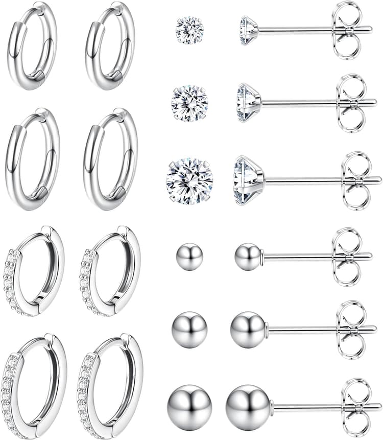 Dochais 10-12 Paires Boucles d'Oreilles Femmes Acier Innoxydable Ensemble Petite Creoles Clous d'Oreilles Hypoallergénique Cartilage Helix Piercing Bijoux Cadeaux pour Fille Homme, Or/Argent