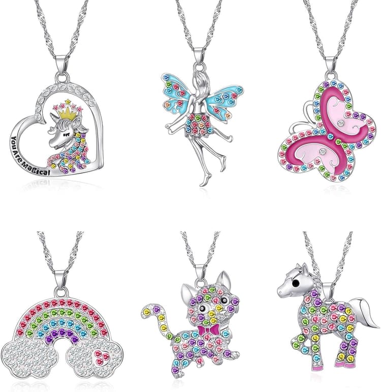 SYNLIN Cute Necklaces for Teen Girls - Adorable Pastel Crystal Necklace for Little Girls - Unicorn and Fairy Gifts - Dainty Necklace Birthday Gift Pack (3/6 Pcs)