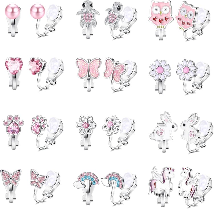12 Paires Boucles d'Oreilles Clip Femme Fille Enfant Hypoallergéniques Boucle Oreille Sans Trou Papillon Arc-en-ciel Fleur Perle Étoile Bijoux Enfants Fille