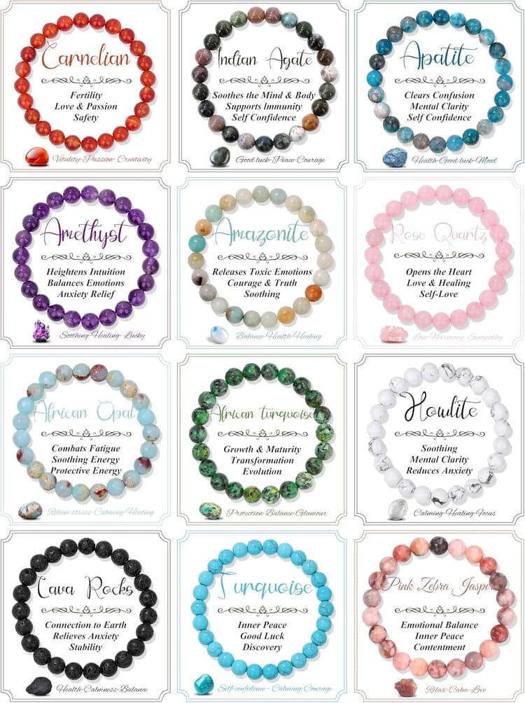 SAMOCO 12PCS 8mm Natural Crystal Bracelets for Women Men Semi-Precious Gemstone Beaded Bracelets Round Beads Gemstones Stretch Yoga Bracelet