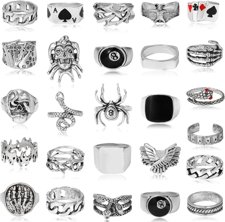 26 Pcs Vintage Silver Punk Rings Set for Men Cool Gothic Chunky Rings Statement Snake Wing Signet Ring Set