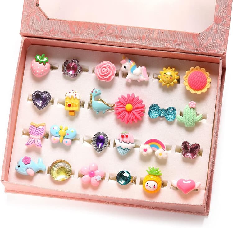 PinkSheep Bagues à bijoux pour petite fille dans une boîte, réglable, pas de doublure, bague pour fille qui joue et se déguise