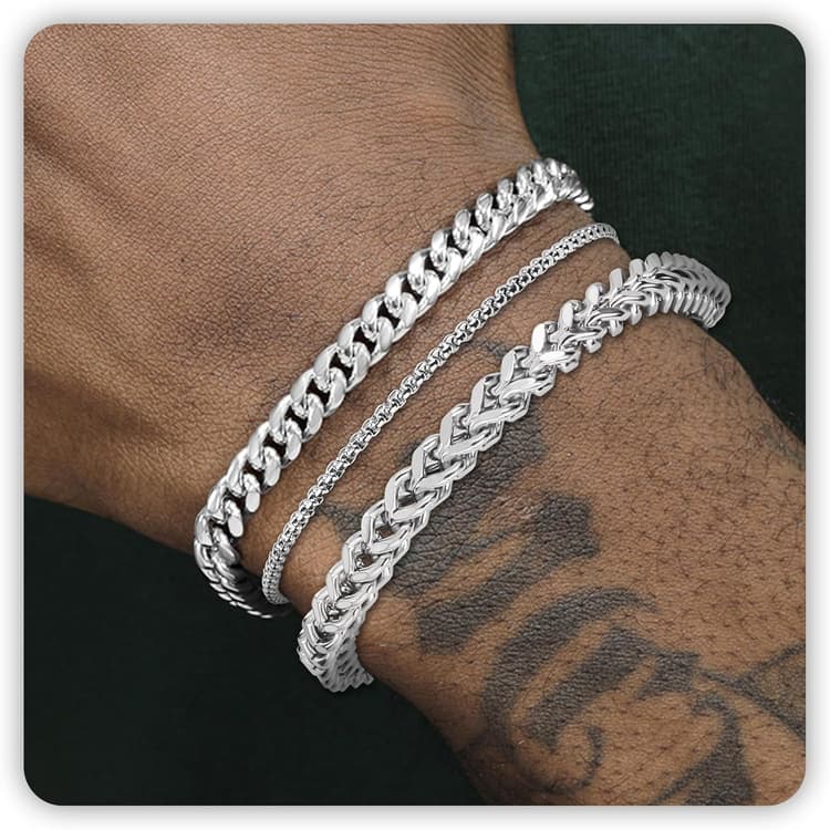 Silver and Gold Bracelet for Men, Cuban Chain Bracelet Set Water Proof Stainless Steel Bracelet for Him, Adjustable Gold Link Men Braclet as Easter Basket Stuffers for Boyfriend, Dad and Son