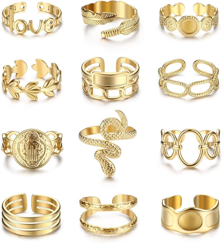12 Pièces Bague Femme Acier Inoxydable Plaquées 𝐎𝐫 𝟏𝟖𝐊 Bagues Boho Bague Minimaliste Bague Empilables Ouvert Serpent Bague Reglable Or Argent Bague Femme