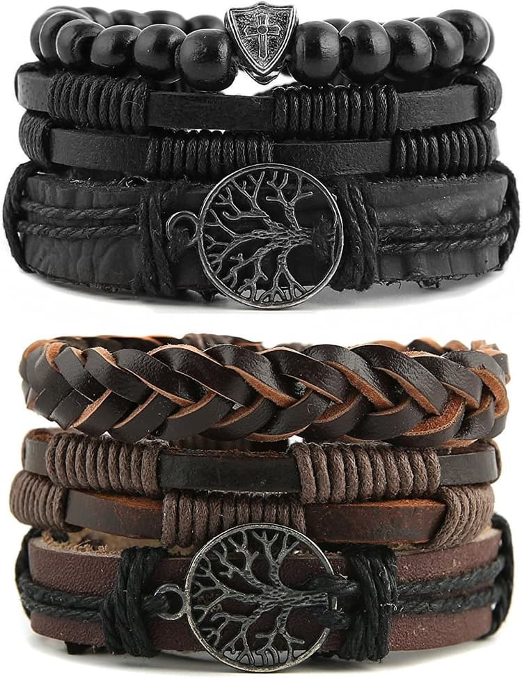 HZMAN Genuine Leather Tree of life Bracelets Men Women, Tiger Eye Natural Stone Lava Rock Beads Ethnic Tribal Elastic Bracelets Wristbands